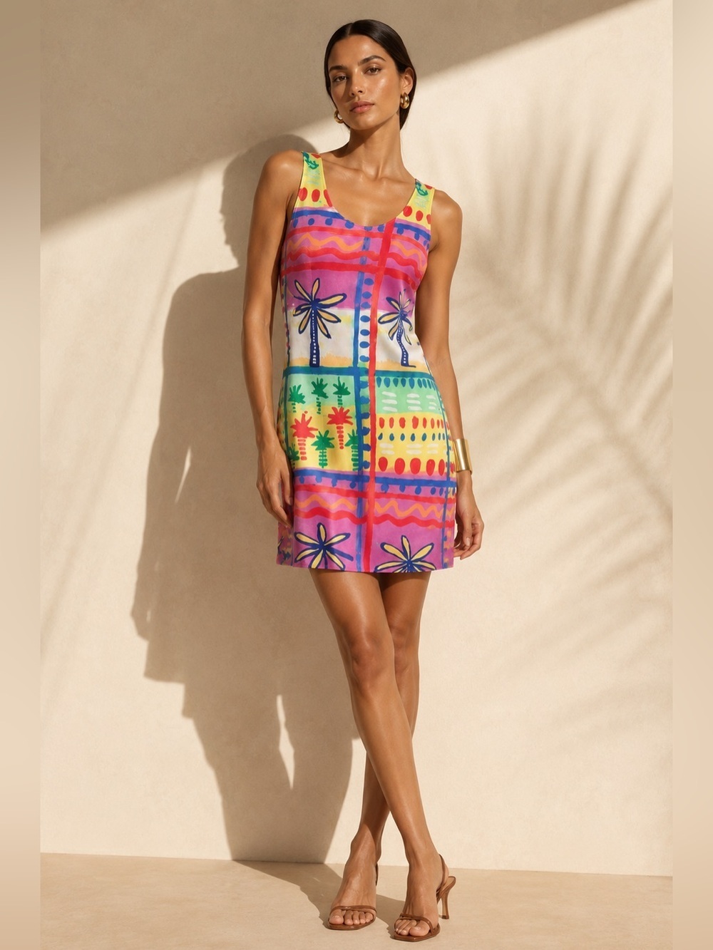 Bloomingdale’s Vintage 90s bright palm print tropical silk mini tank dress. 4